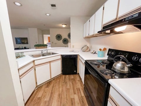 The Crest at Berkeley Lake model apartment kitchen with wood cabinets and black appliances located in Duluth, GA 30096